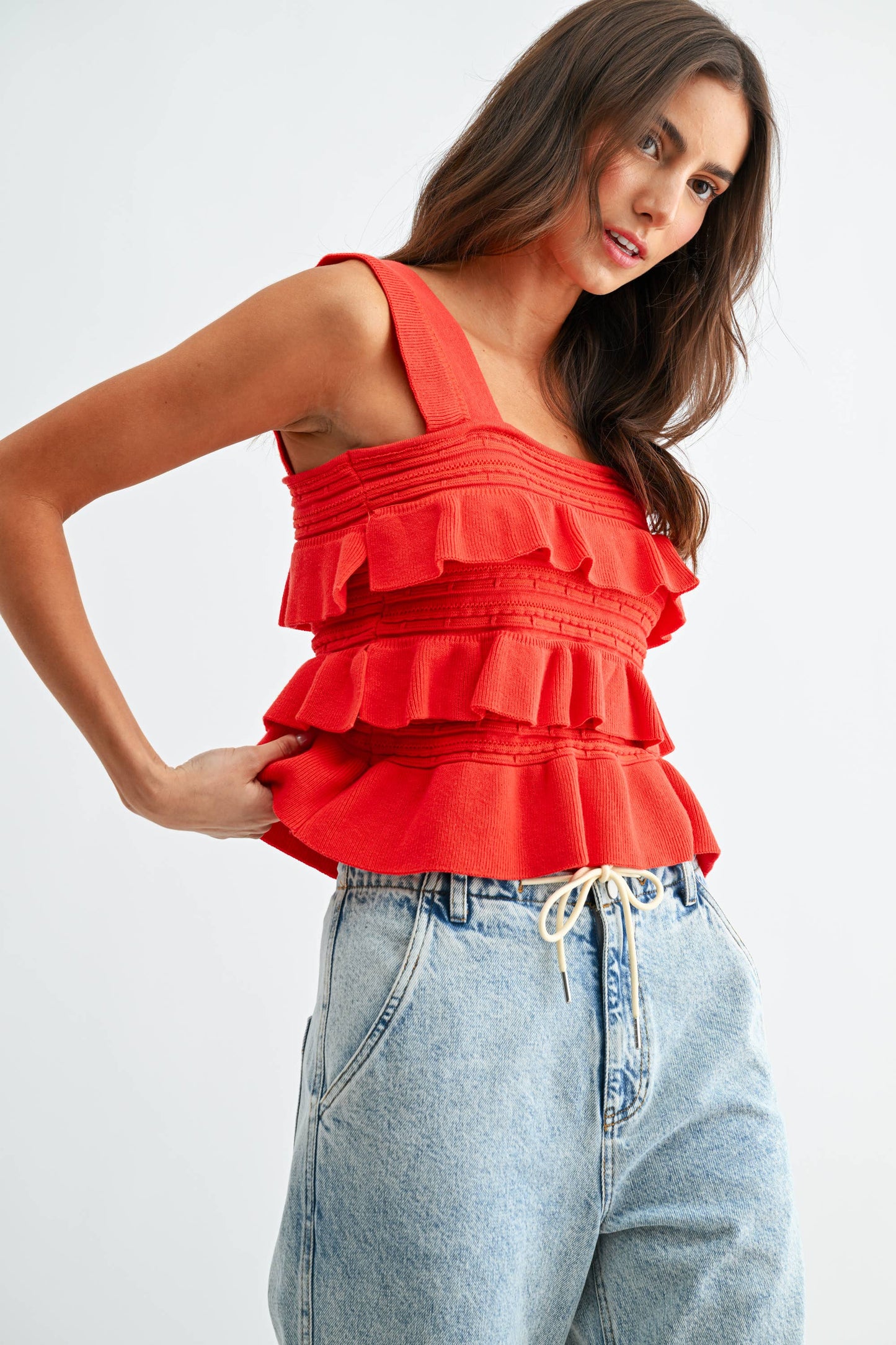 Camellia - CW10030E Red Ruffled Knit Sleeveless Top