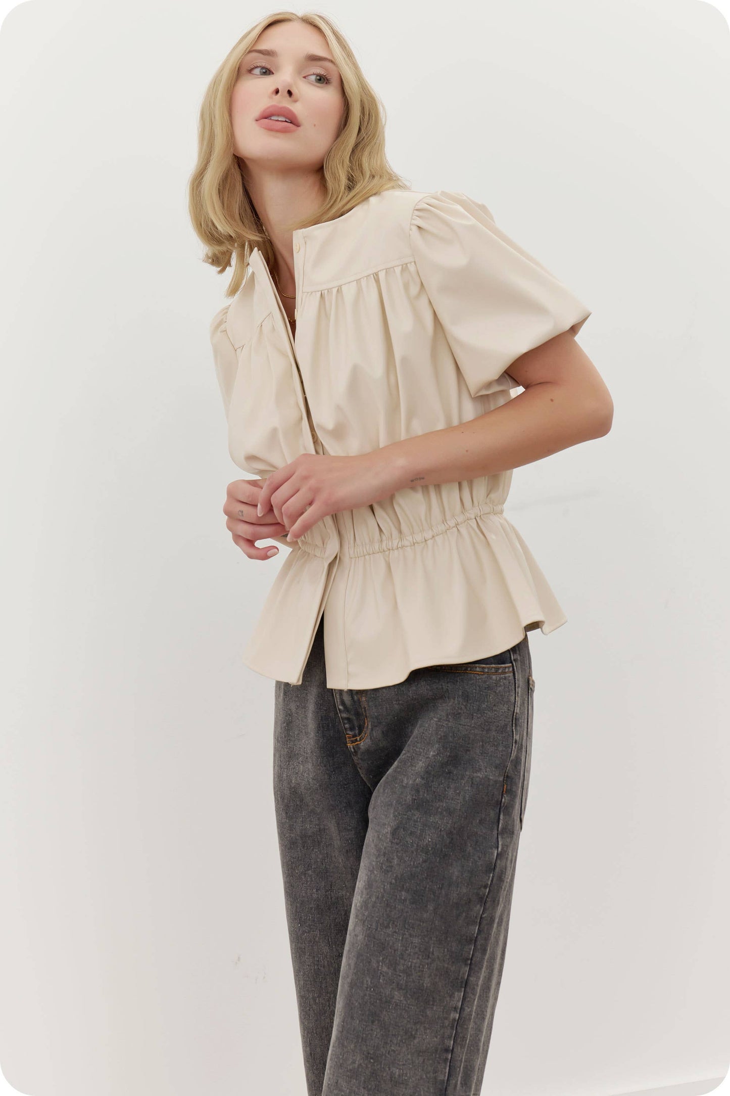 Faux Leather Puff Sleeve Top