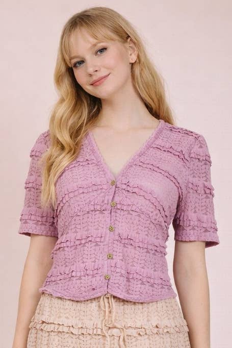 Button Down Lace Tiered Layers Blouse Top