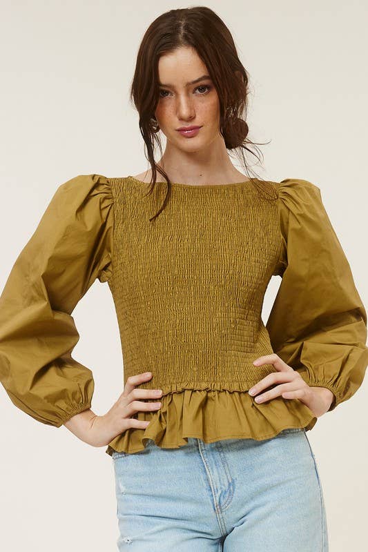 Puff Sleeve Ruched Peplum Blouse