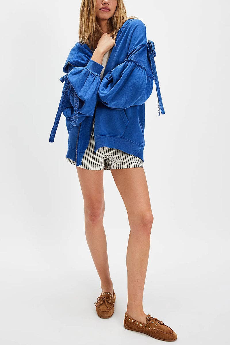 Mccolin - Tie-Sleeve Puff Zip-Up Hoodie
