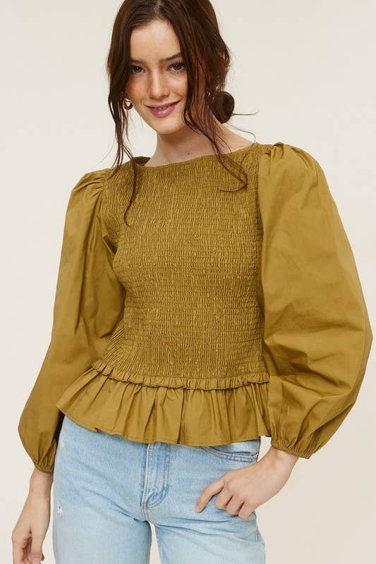 Puff Sleeve Ruched Peplum Blouse