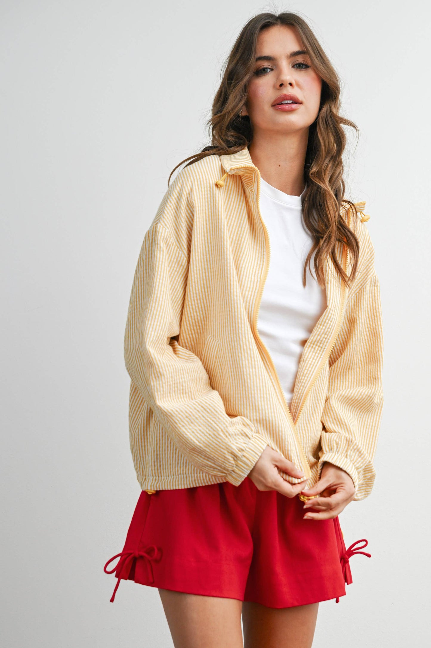 BUTTERMELON - Striped Collared Zip-Front Drawstring Jacket - BMJ7991: BROWN MULTI / L