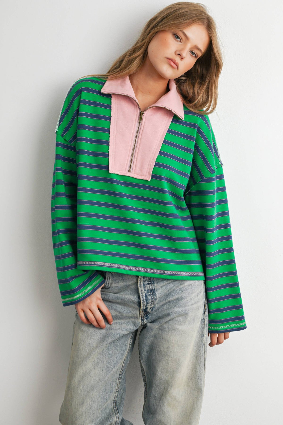 BUTTERMELON - Striped Half Zip Contrast Collar Sweatshirt-BMT8722