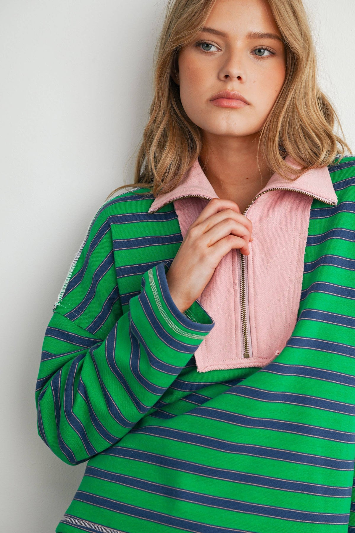 BUTTERMELON - Striped Half Zip Contrast Collar Sweatshirt-BMT8722