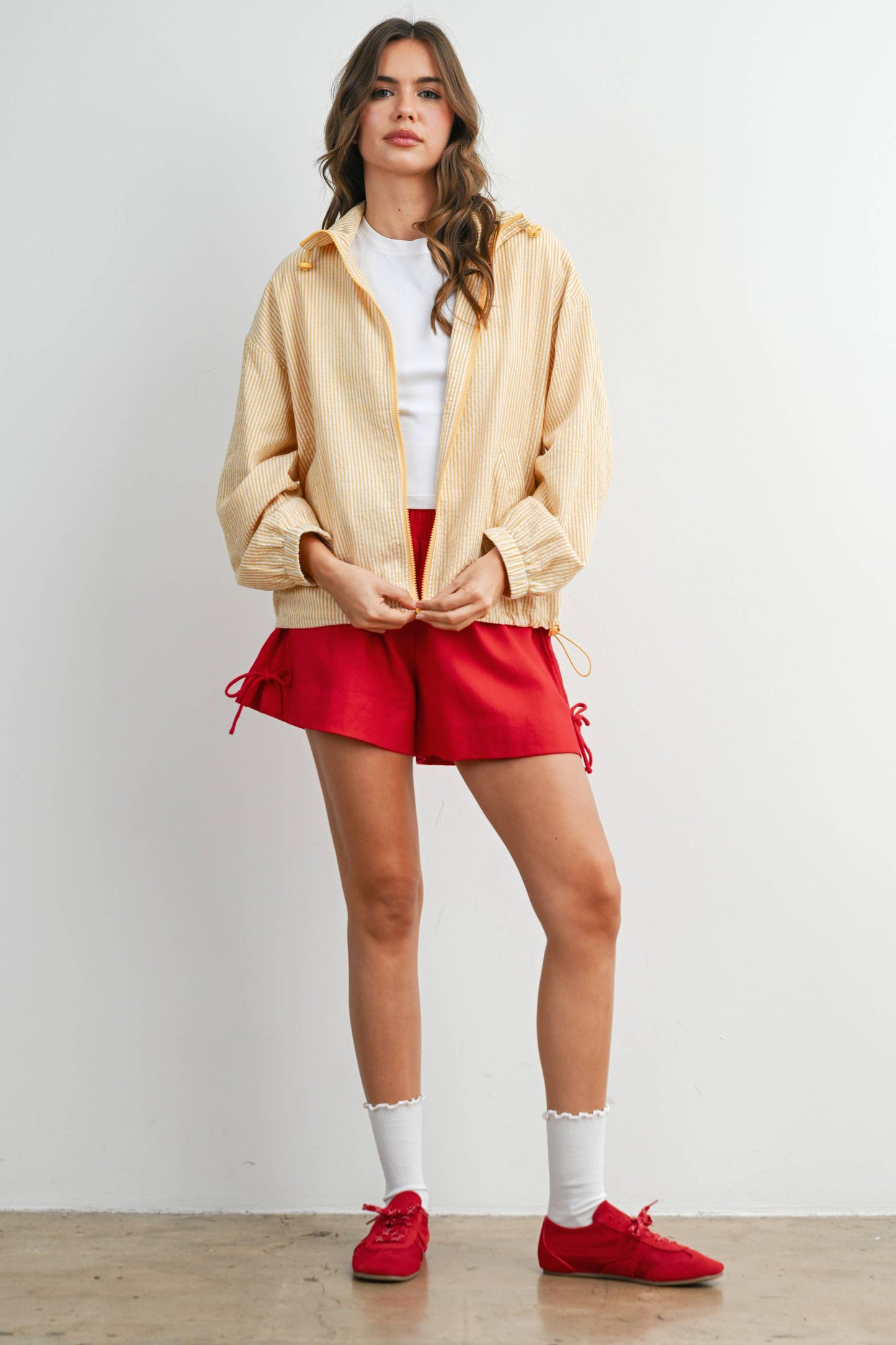BUTTERMELON - Striped Collared Zip-Front Drawstring Jacket - BMJ7991: BROWN MULTI / S