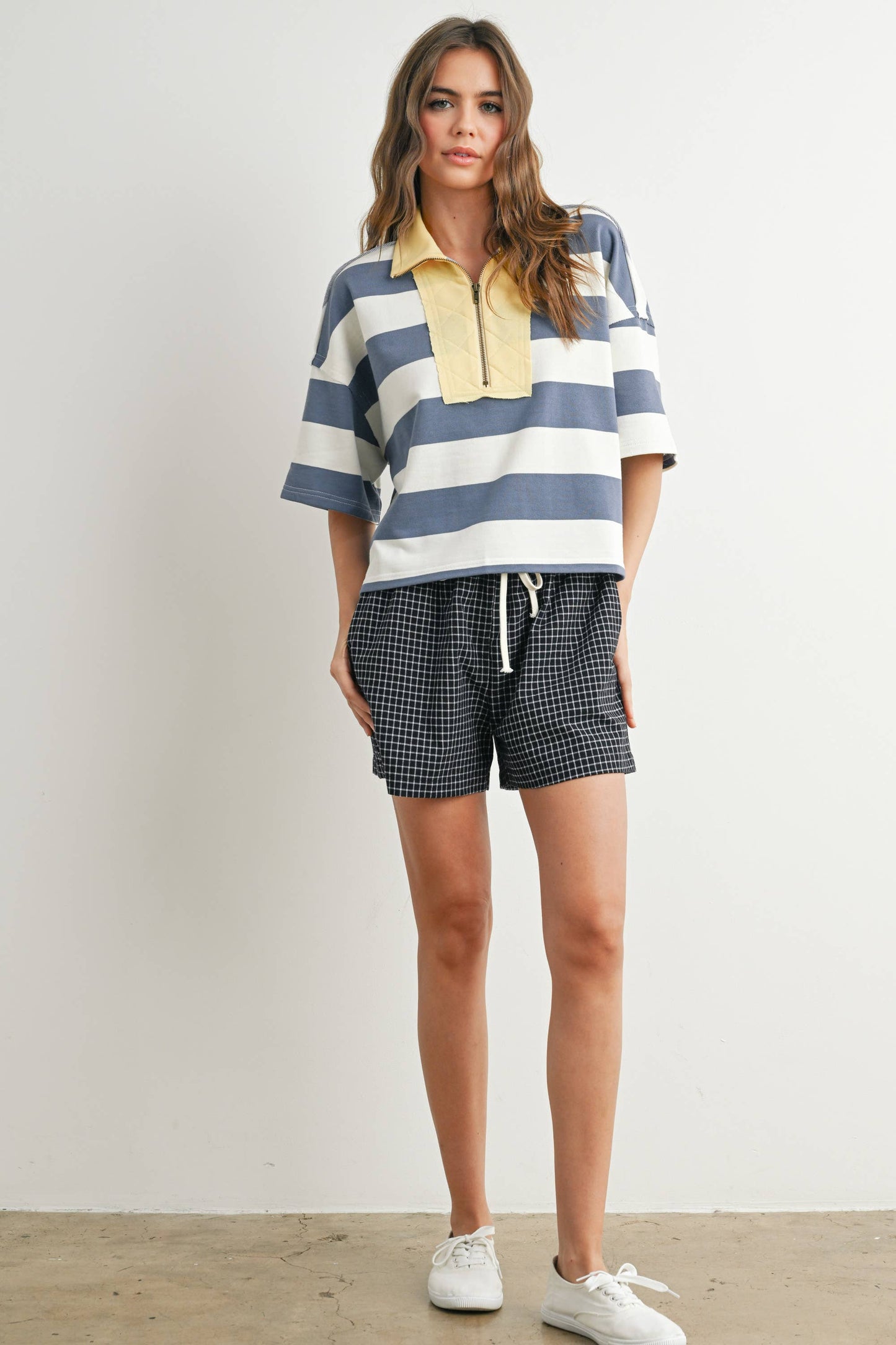 BUTTERMELON - Oversized Striped Zip-Up Polo Shirt - BMT7711