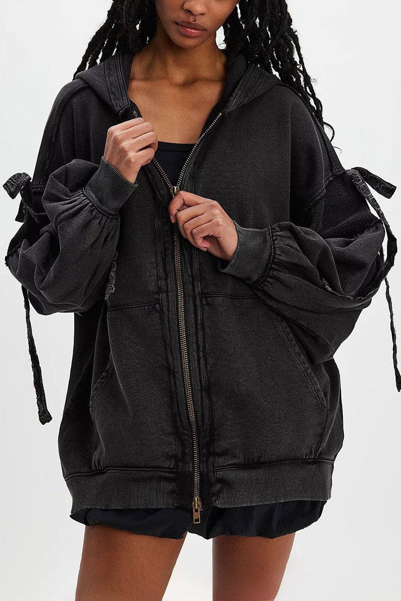 Mccolin - Tie-Sleeve Puff Zip-Up Hoodie