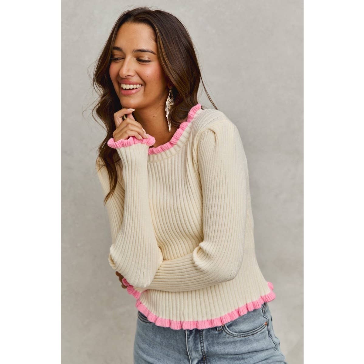 IVE - Ruffle Edge Ribbed Sweater Knit Top
