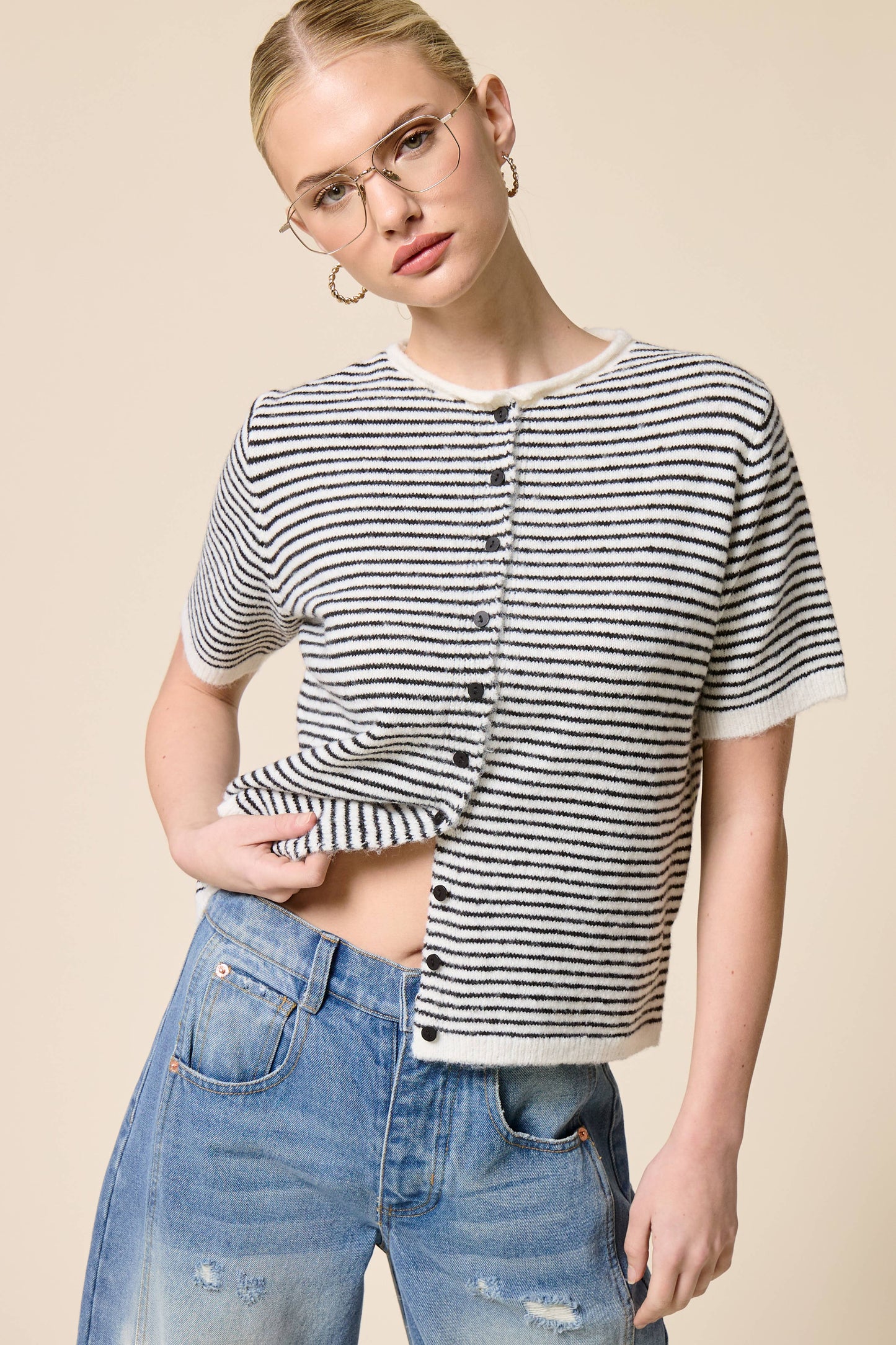 Mimosa - Striped Short Sleeve Button Cardigan
