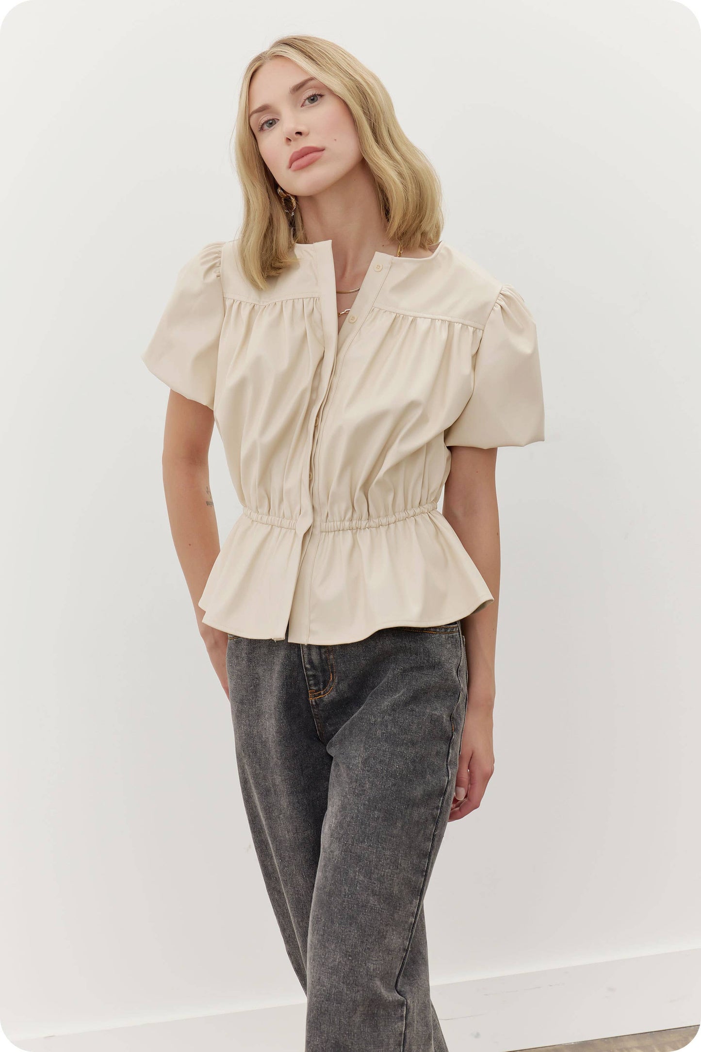 Faux Leather Puff Sleeve Top