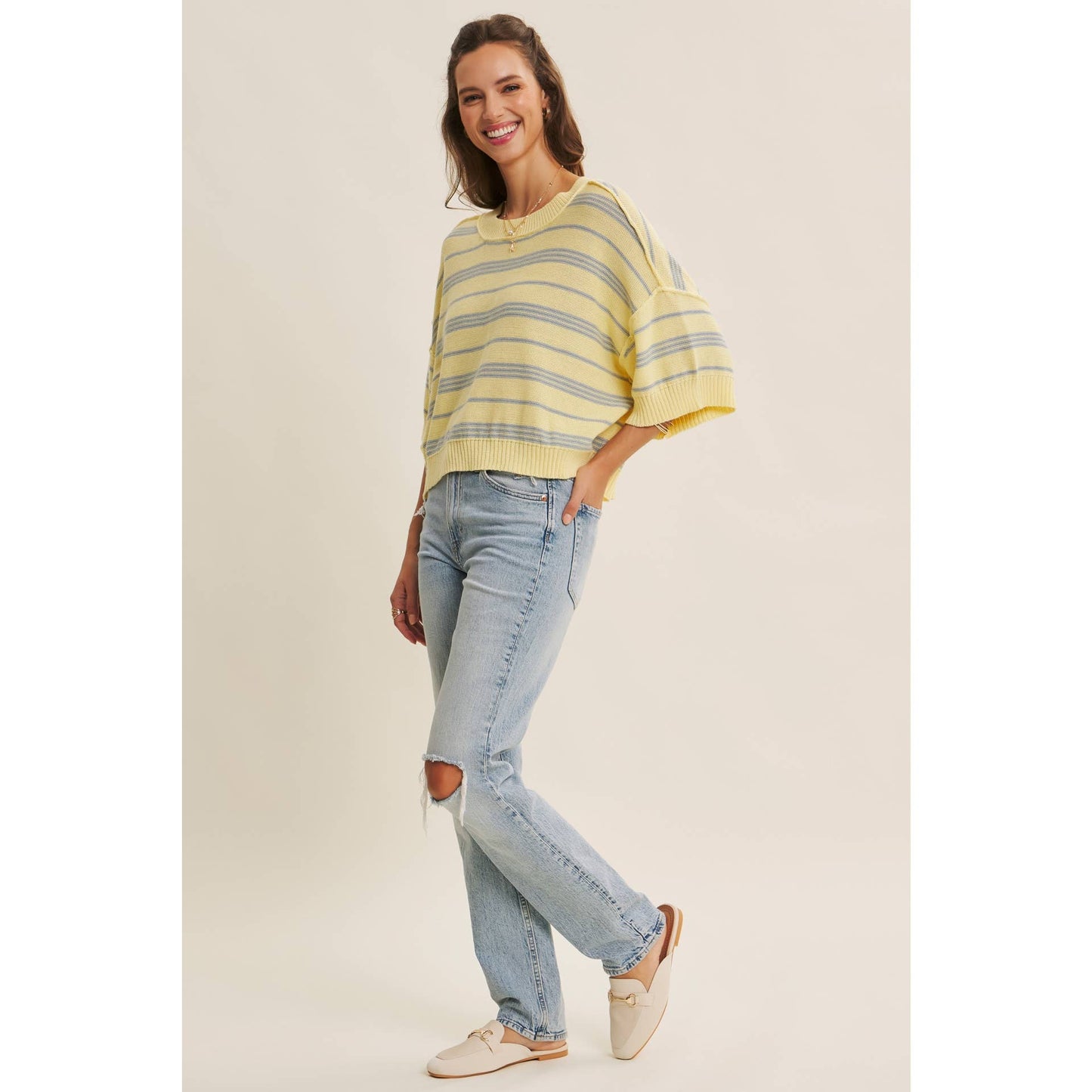in february - ESSENSE OF WEEKENDS BOXY STRIPE SWEATER WITH DROP SHOULDERS