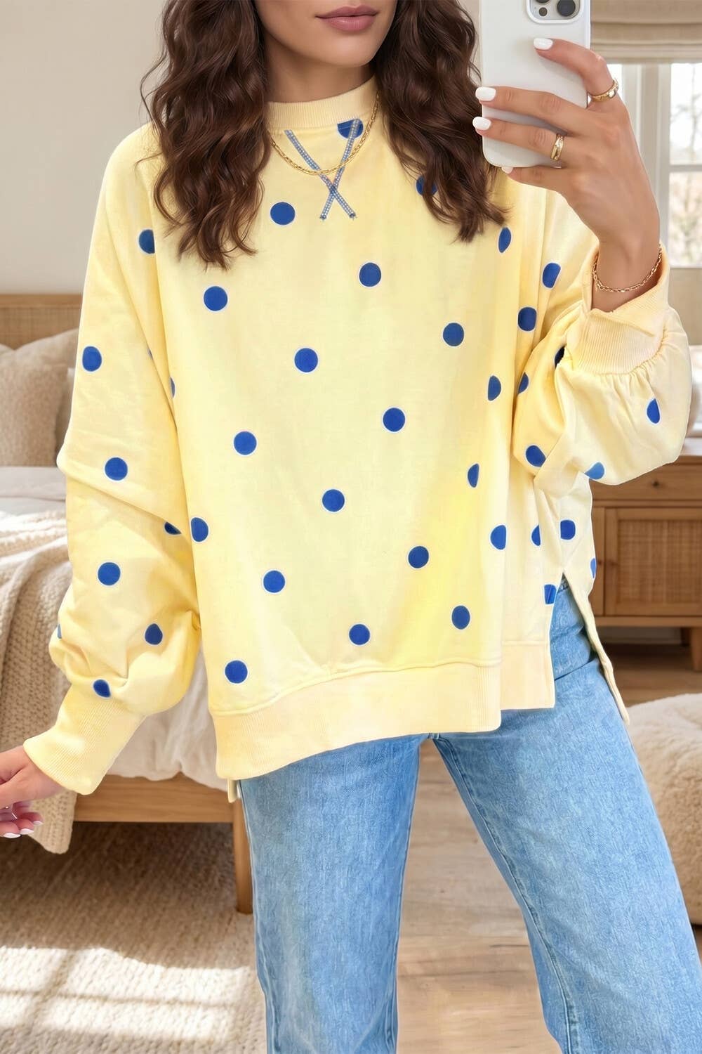 Butter Yellow Polka dots Oversized Crewneck Sweatshirts