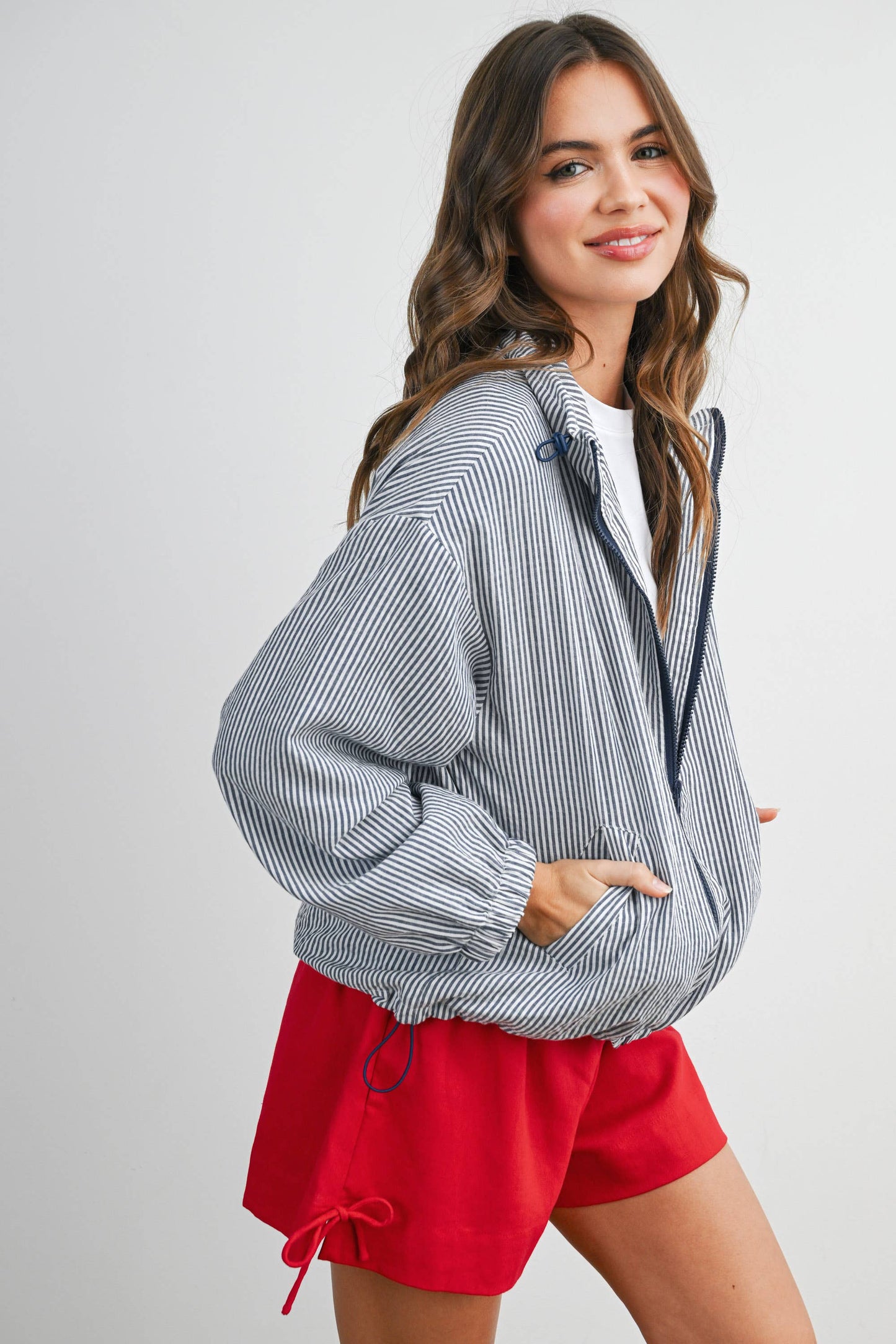 BUTTERMELON - Striped Collared Zip-Front Drawstring Jacket - BMJ7991: BROWN MULTI / L