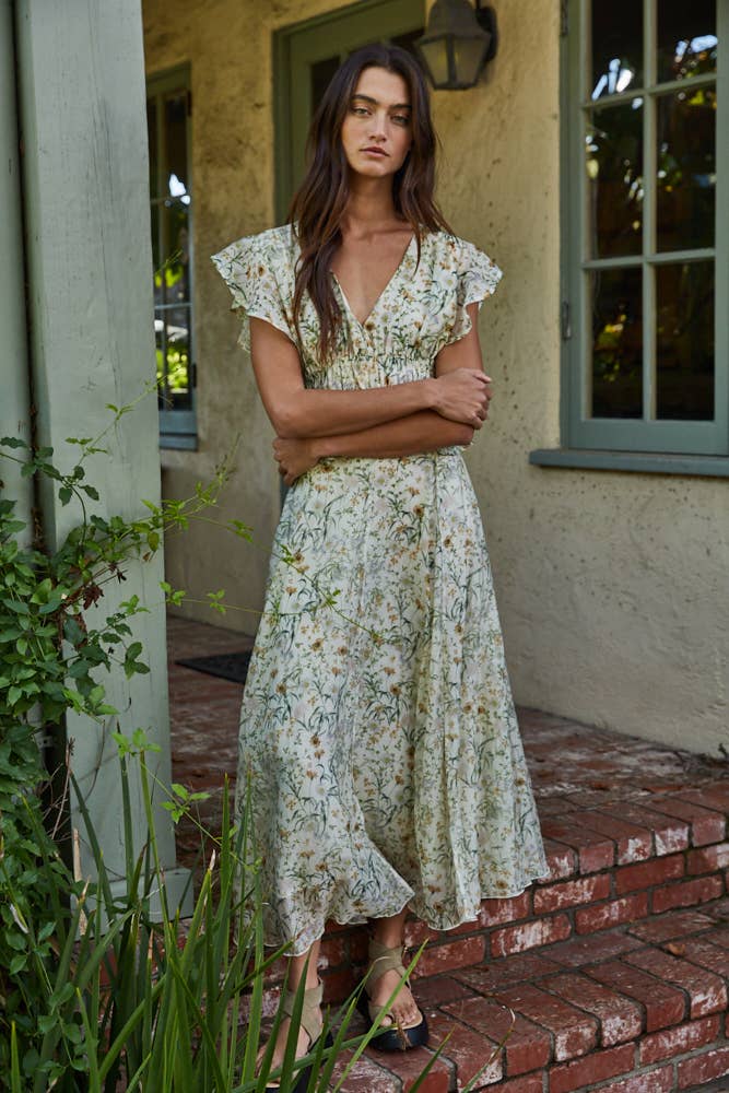 By Together - L9353T2 | Woven Tencel Nylon Floral Print V-Neck Ruffle Top