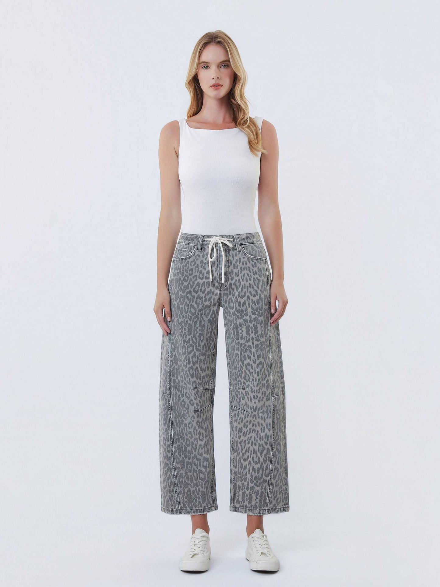 HIGH RISE DRAWSTRING GREY LEOPARD BARREL JEANS