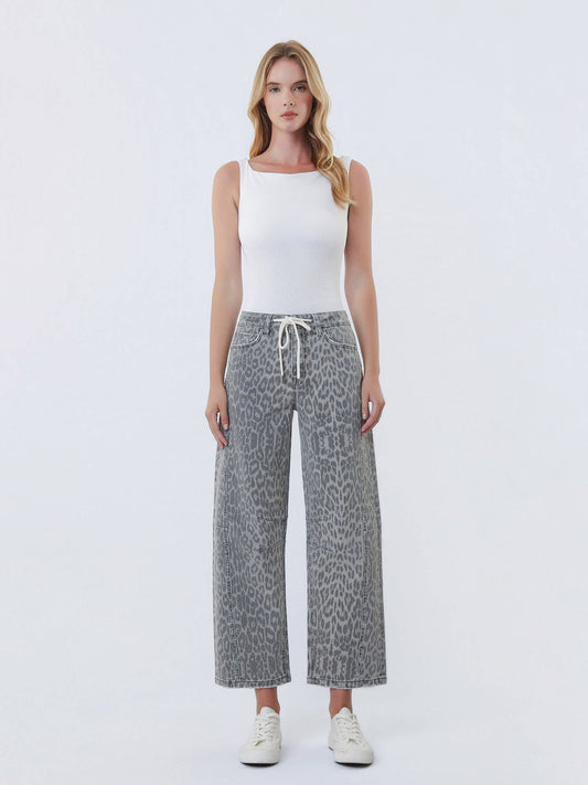 HIGH RISE DRAWSTRING GREY LEOPARD BARREL JEANS