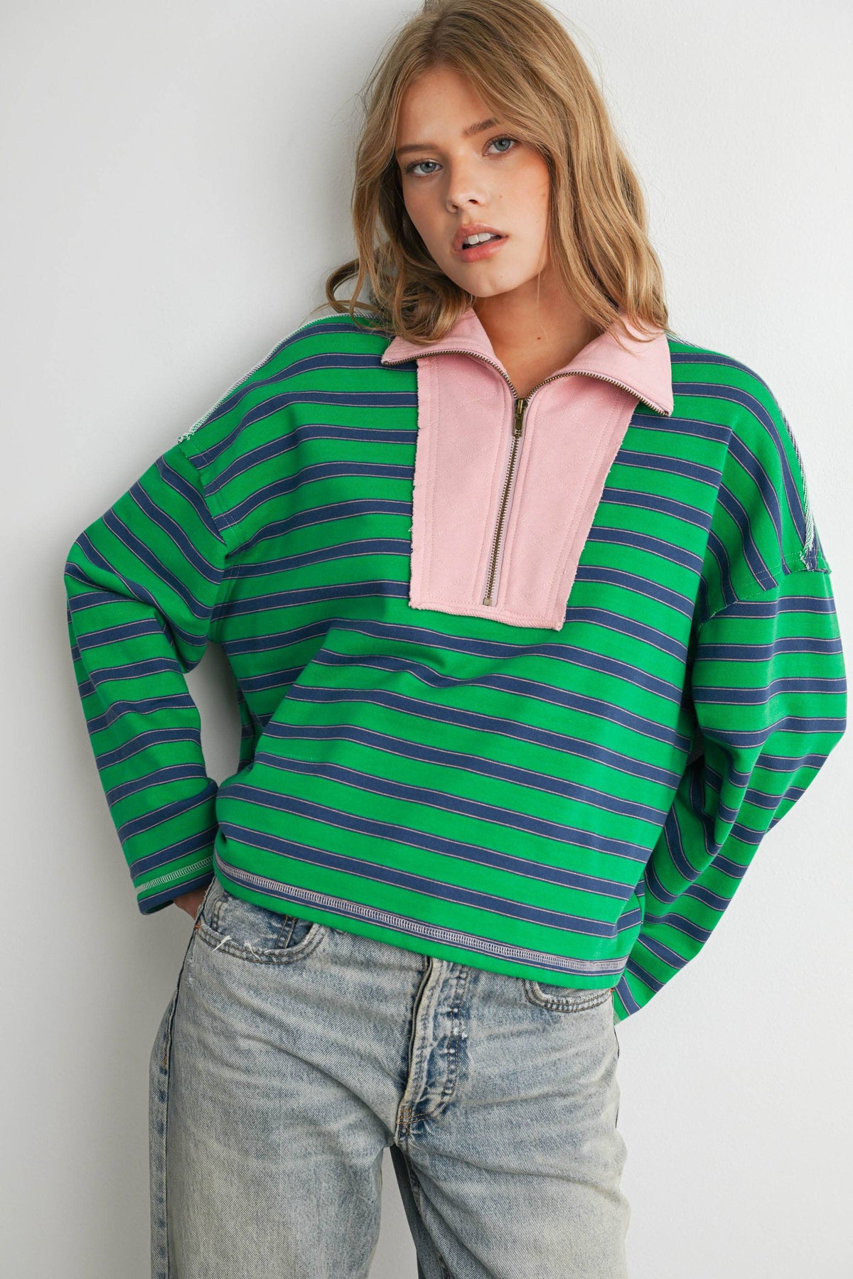 BUTTERMELON - Striped Half Zip Contrast Collar Sweatshirt-BMT8722