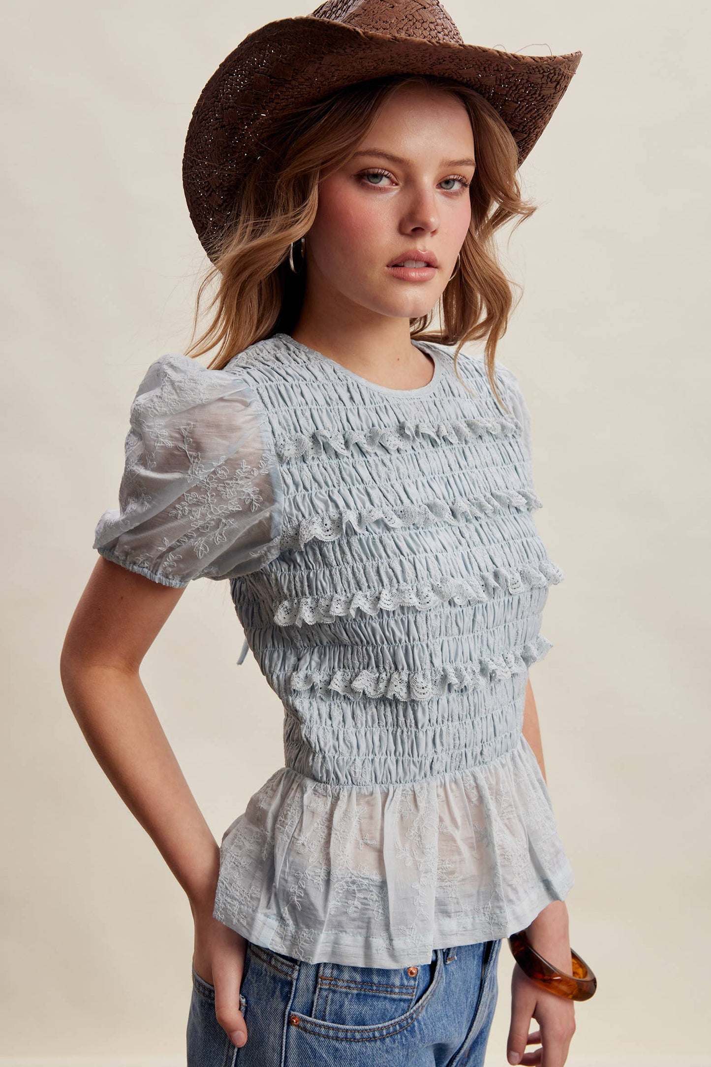 Listicle - Smocked Lace Puff Sleeve Top LT1472