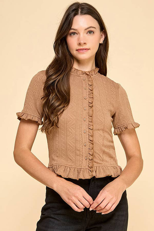 Cable knit top with short sleeve and button front