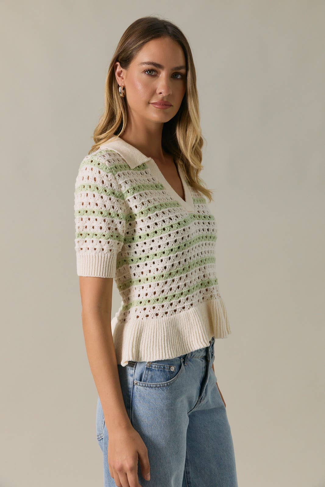 STRIPE SWEATER KNIT POLO WITH RUFFLE