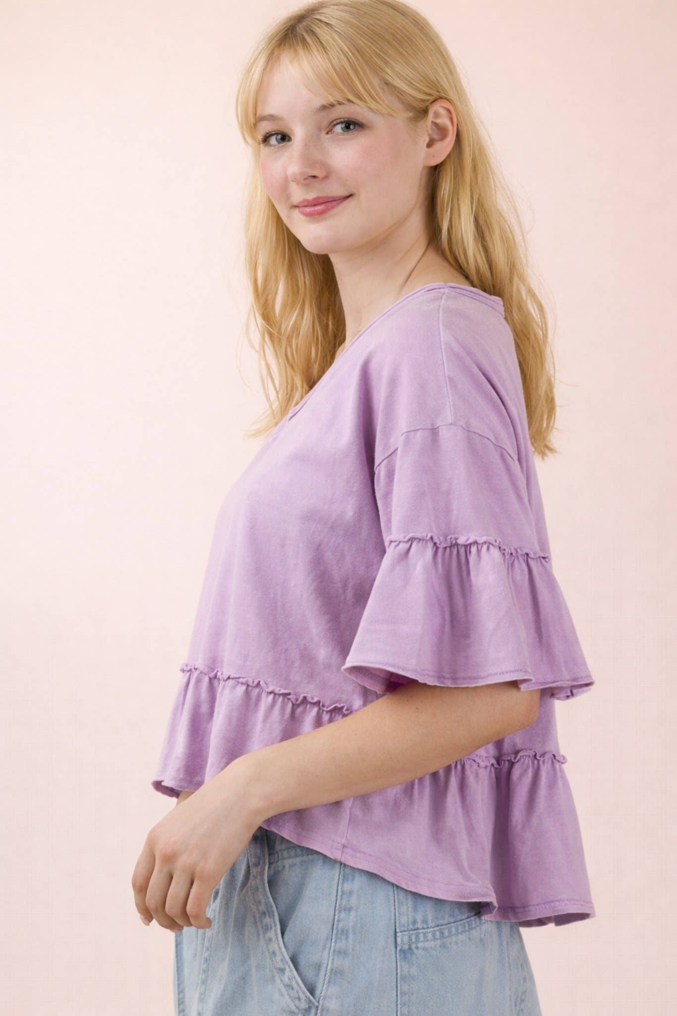 Mineral Washed Ruffle Detail Knit Top