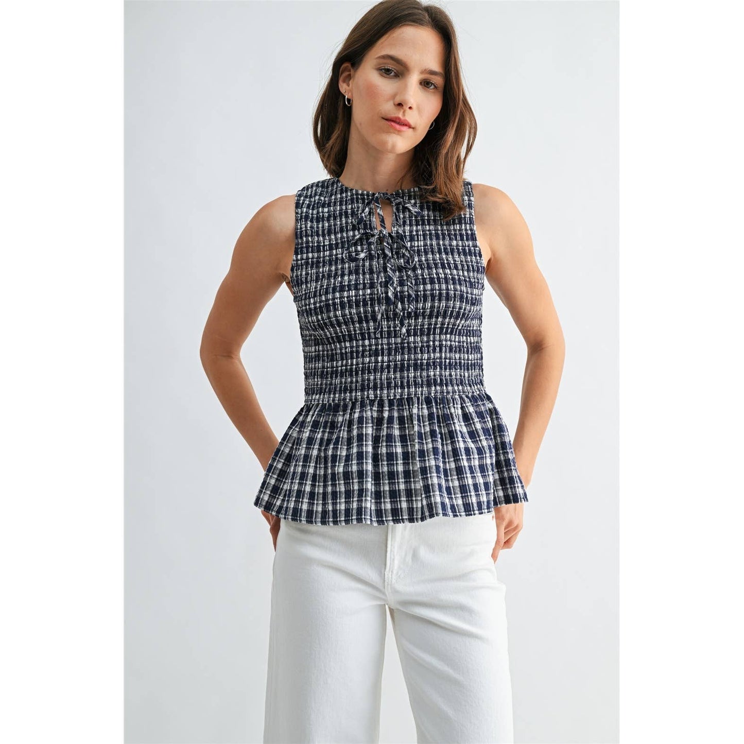 FUN2FUN - GINGHAM PRINTED SLEEVELESS PEPLUM TIE DETAIL SOCKED TOP