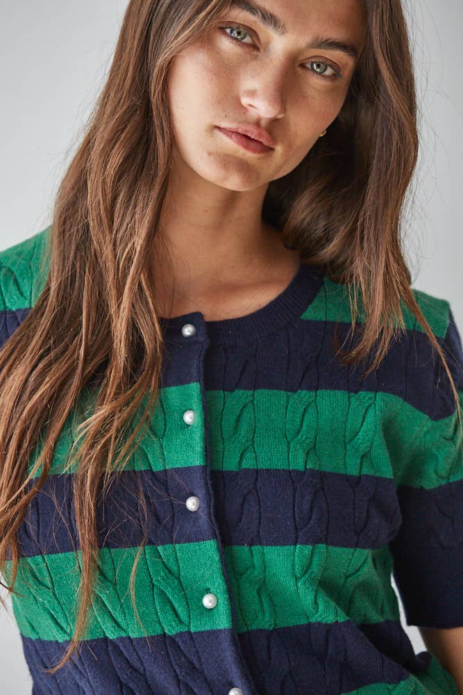 Cable Knit Button Down Short Sleeve Cardigan Top
