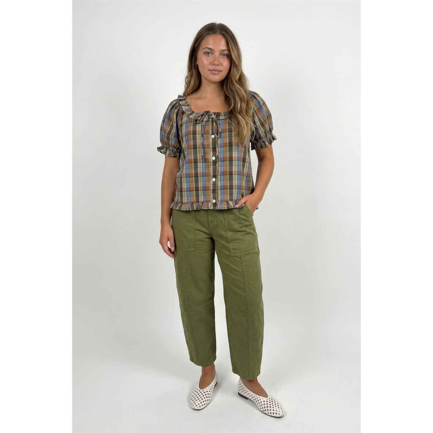 Twentifourth - TF26-0279T - Plaid ruffle sleeve button up blouse