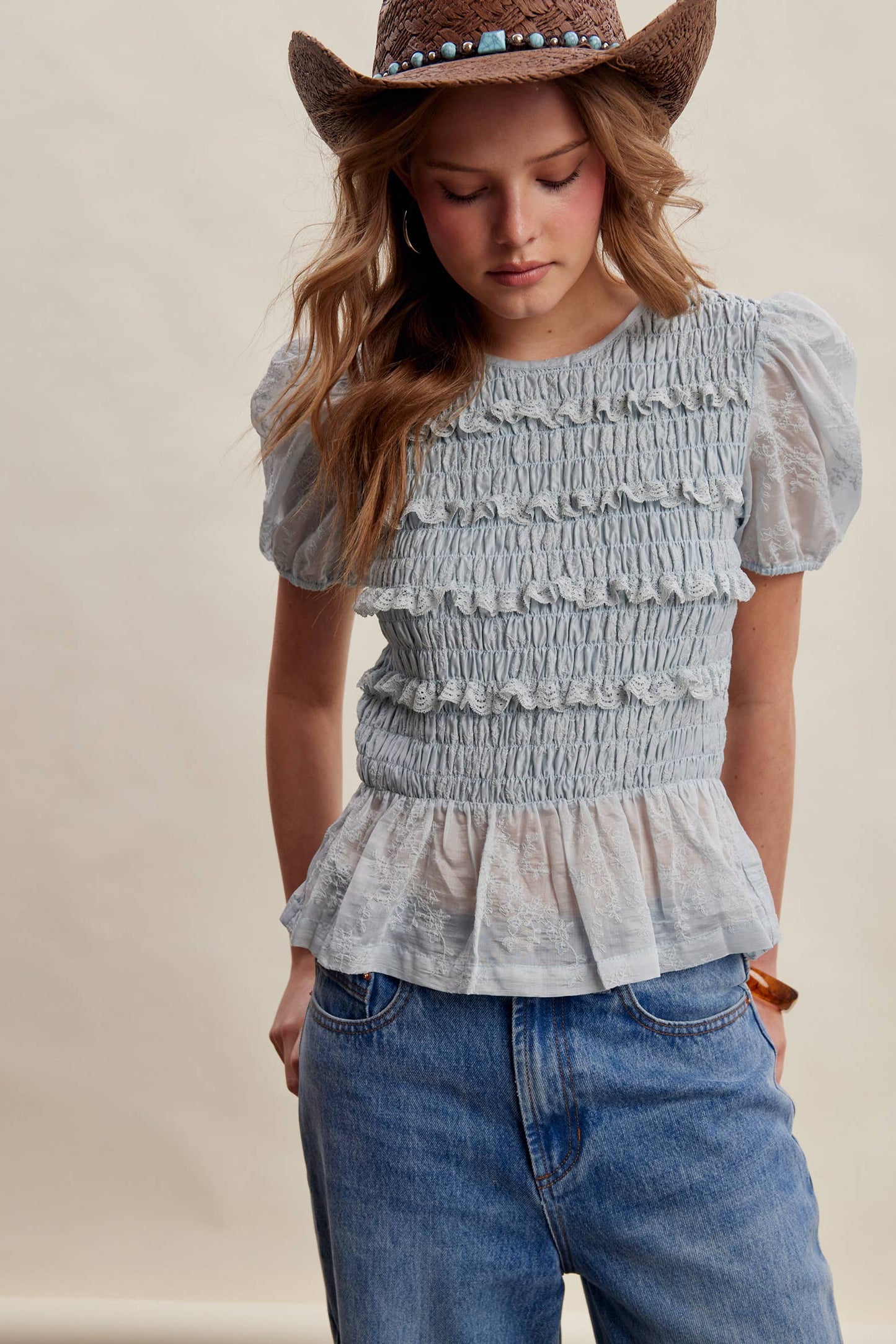 Listicle - Smocked Lace Puff Sleeve Top LT1472