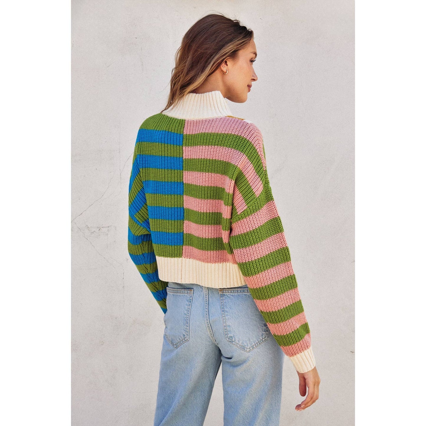 Colorblock Half Zip Collared Sweater