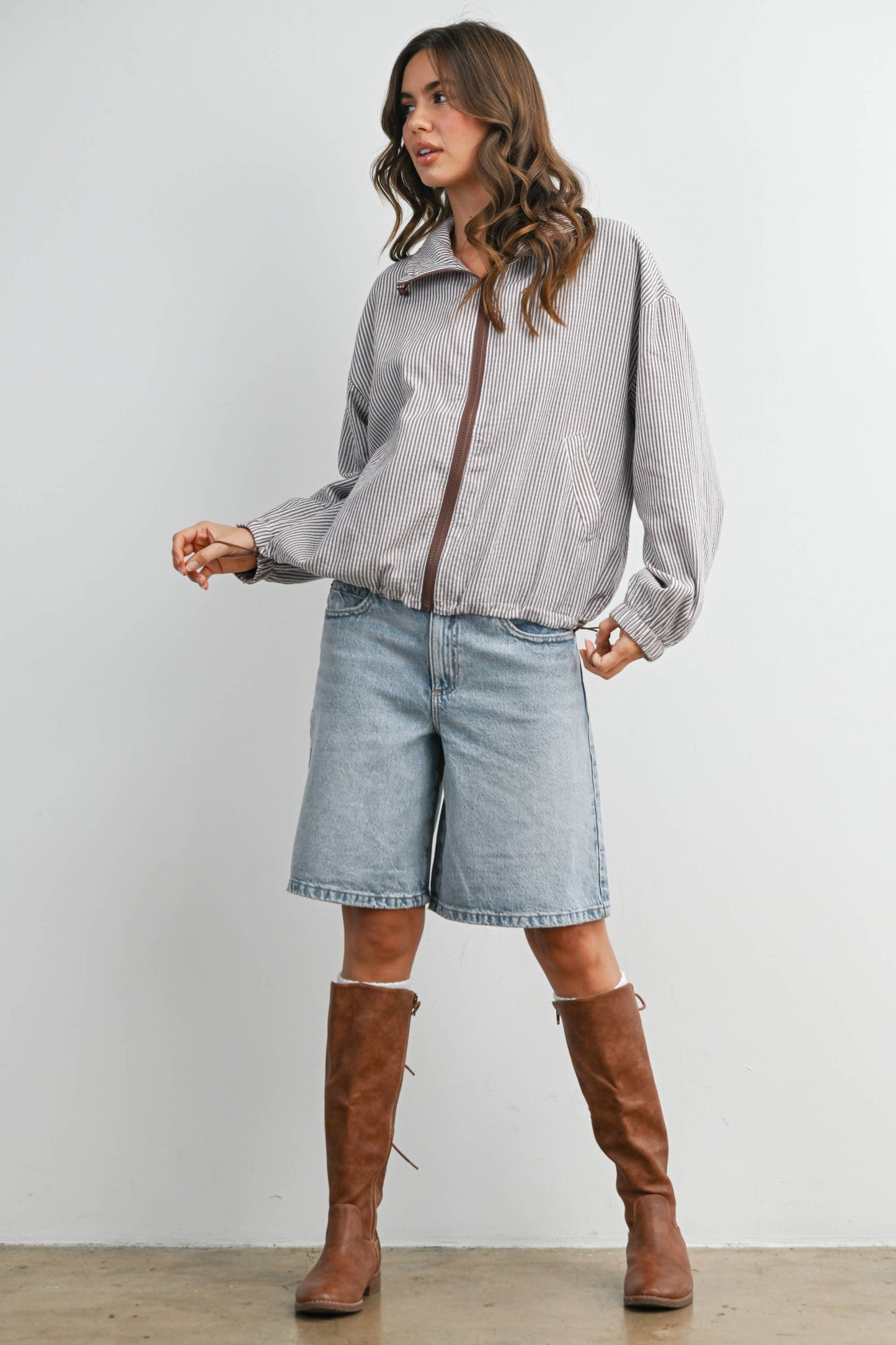 BUTTERMELON - Striped Collared Zip-Front Drawstring Jacket - BMJ7991: BROWN MULTI / L