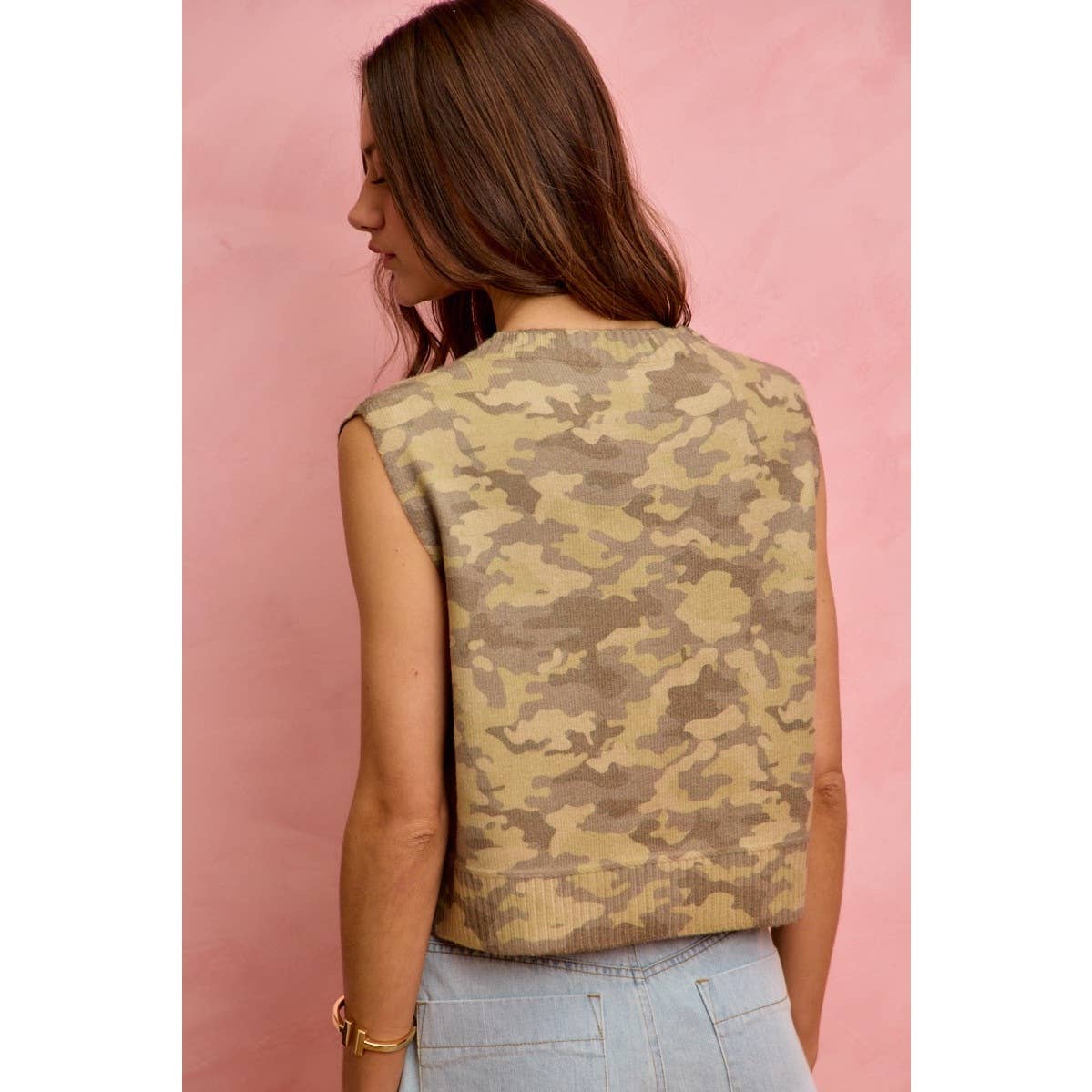 Camouflage Print Button Down Sweater Vest Top