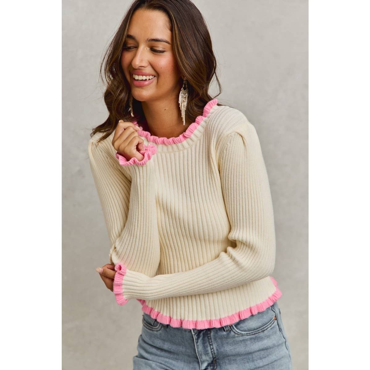IVE - Ruffle Edge Ribbed Sweater Knit Top
