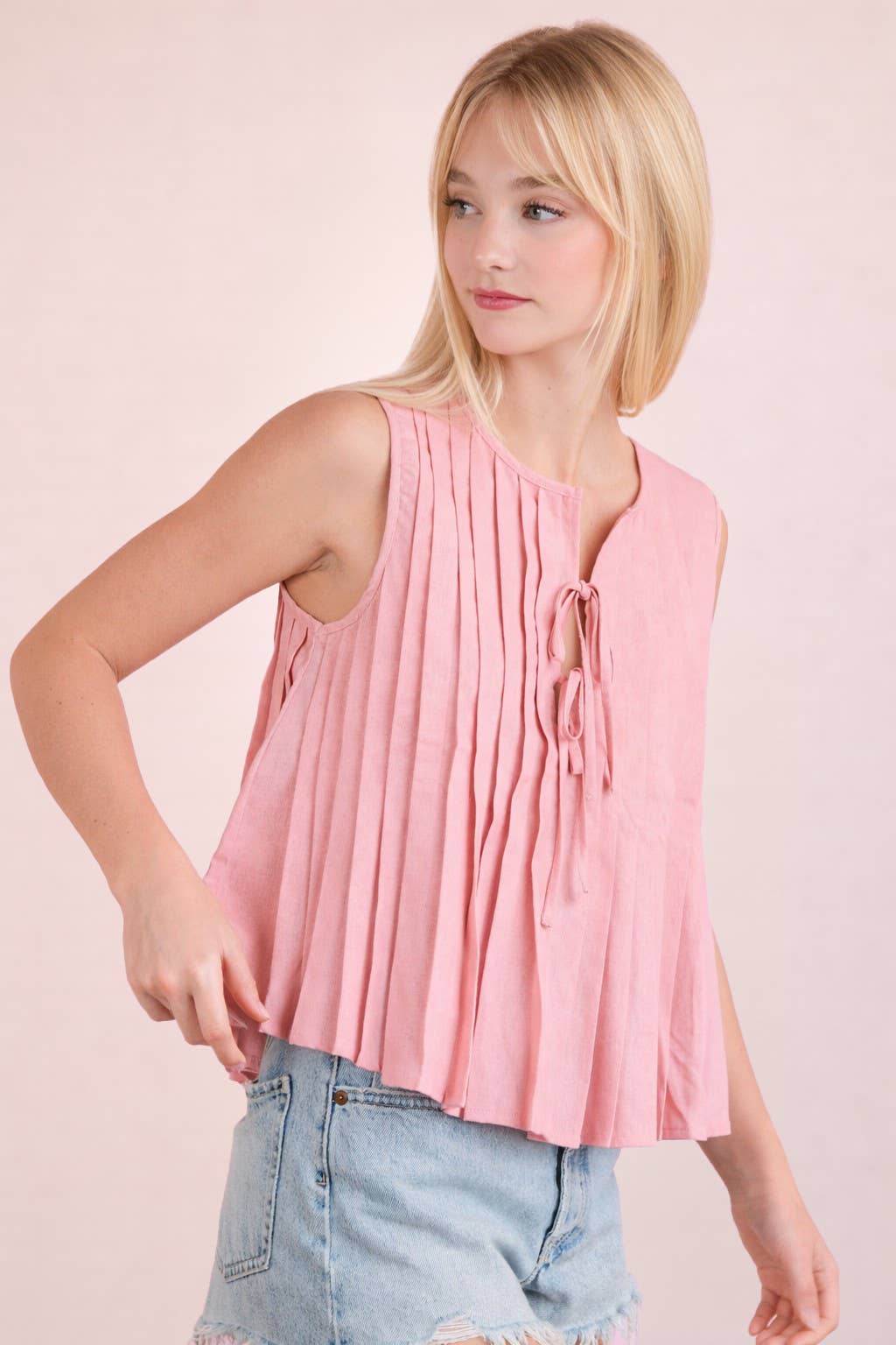 Pleated Woven Blouse Top with Front Tie