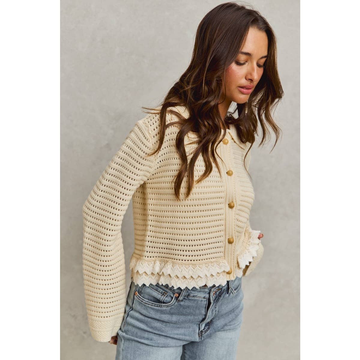 IVE - Textured Button Down Sweater Collared Cardigan