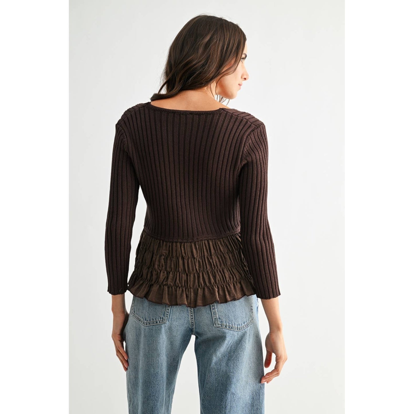 TEXTURED KNIT BLOUSE WITH RUCHED PEPLUM