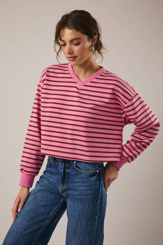 V-NECK LONG SLEEVE FRENCH TERRY STRIPE TOP