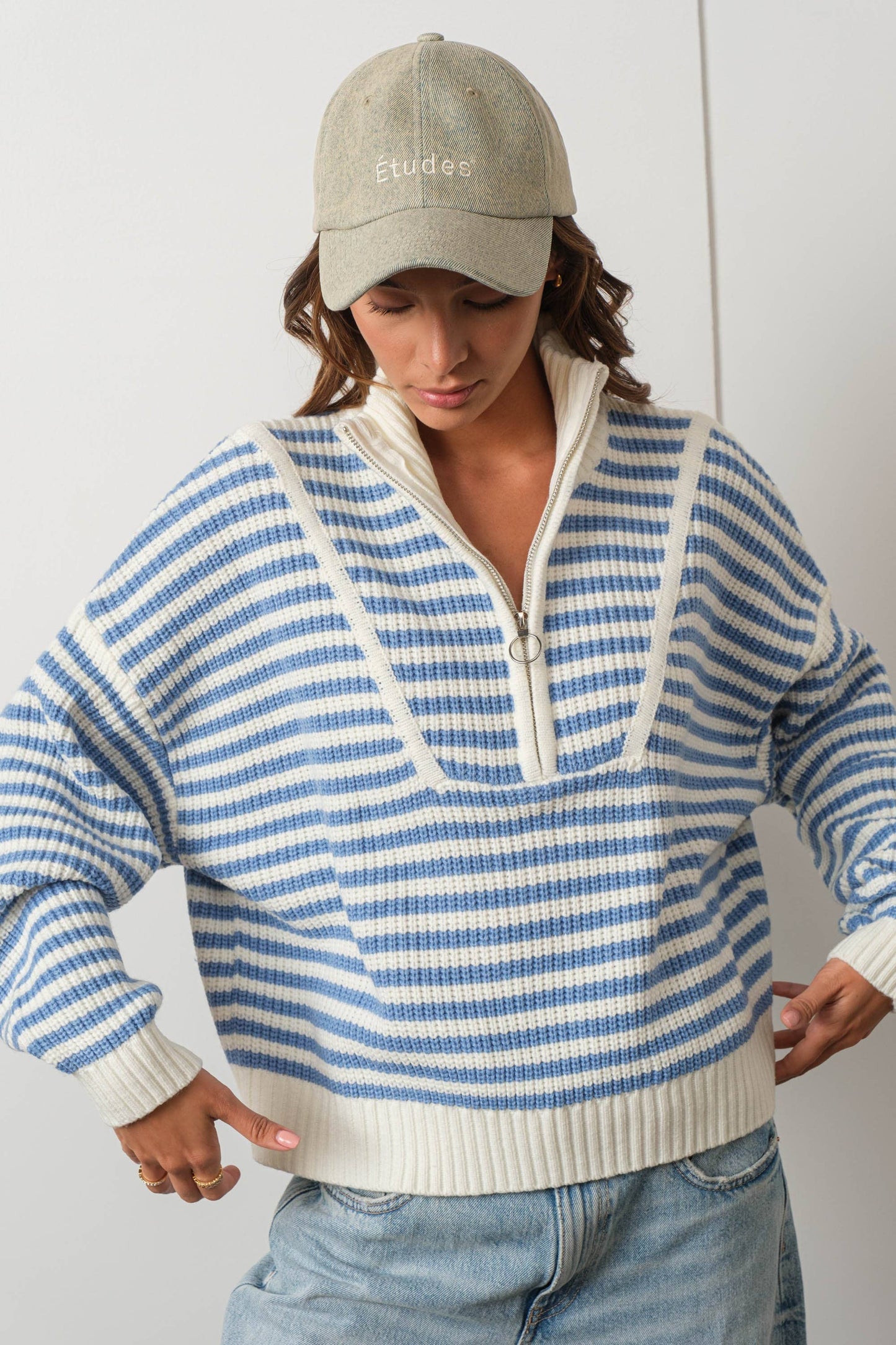 Blue Striped Knit Quarter Zip Sweater