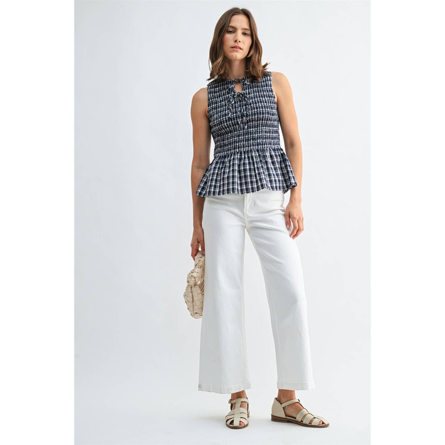 FUN2FUN - GINGHAM PRINTED SLEEVELESS PEPLUM TIE DETAIL SOCKED TOP