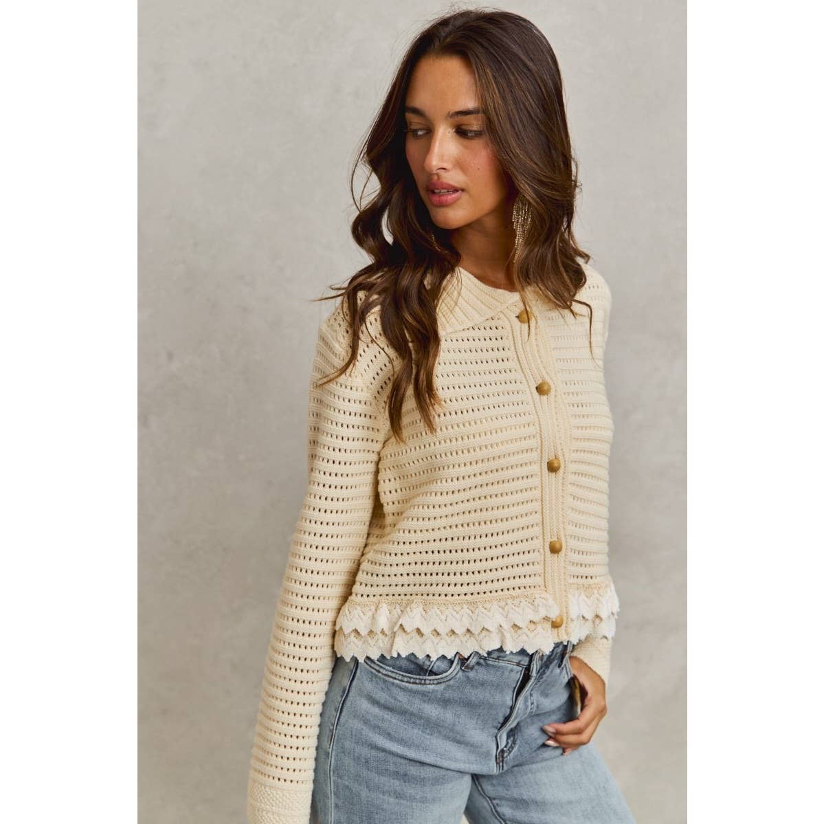 IVE - Textured Button Down Sweater Collared Cardigan