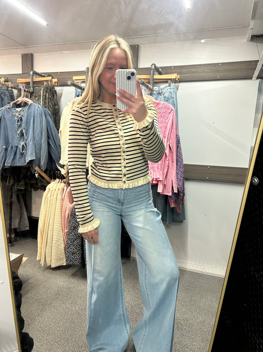 Striped Ruffle Wave Button Knit Cardigan