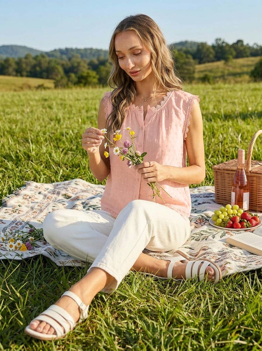 Vine & Love - Lace Edge Sleeveless 100%Cotton Swiss Dot Top VT83193