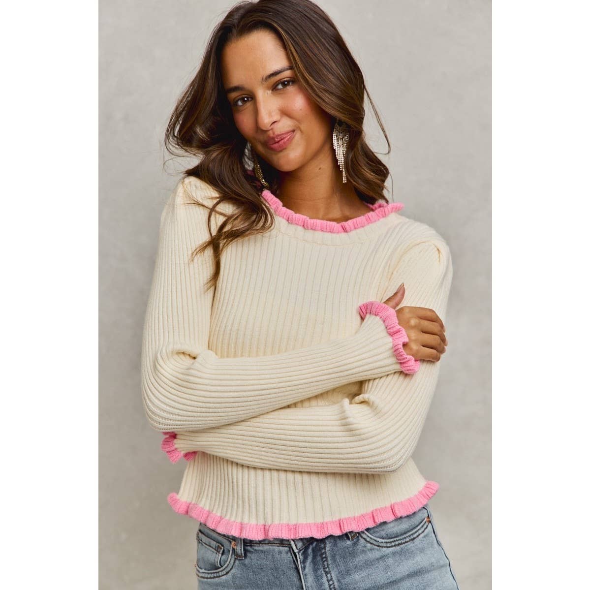 IVE - Ruffle Edge Ribbed Sweater Knit Top