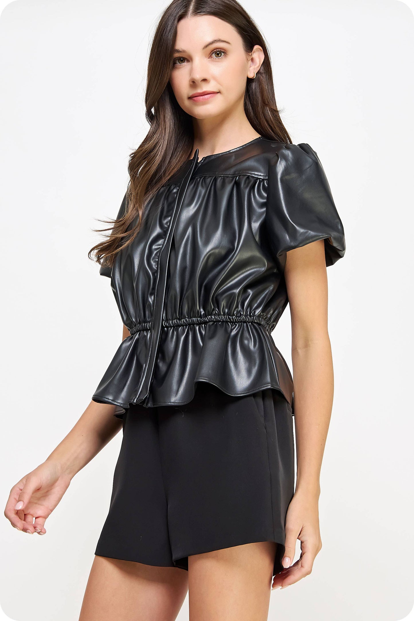 Faux Leather Puff Sleeve Top