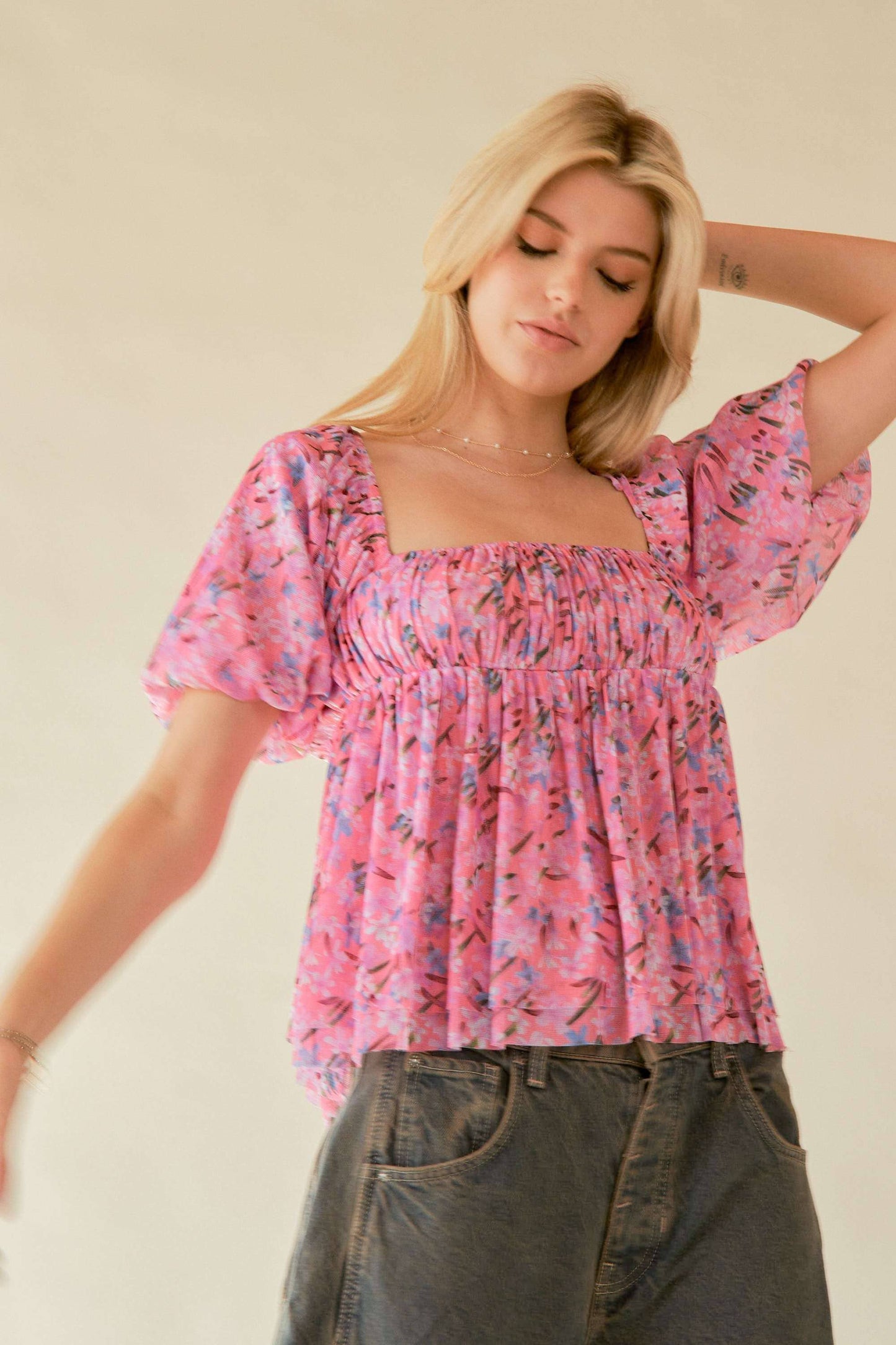 FLORAL PRINTED PUFF DOUBLE LAYERED MESH TOP BLOUSE