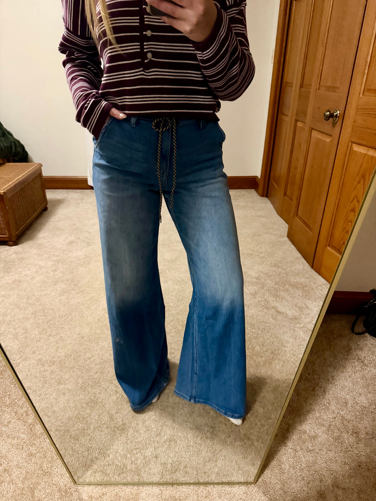 Drawstring High Rise Wide Leg Denim Jeans