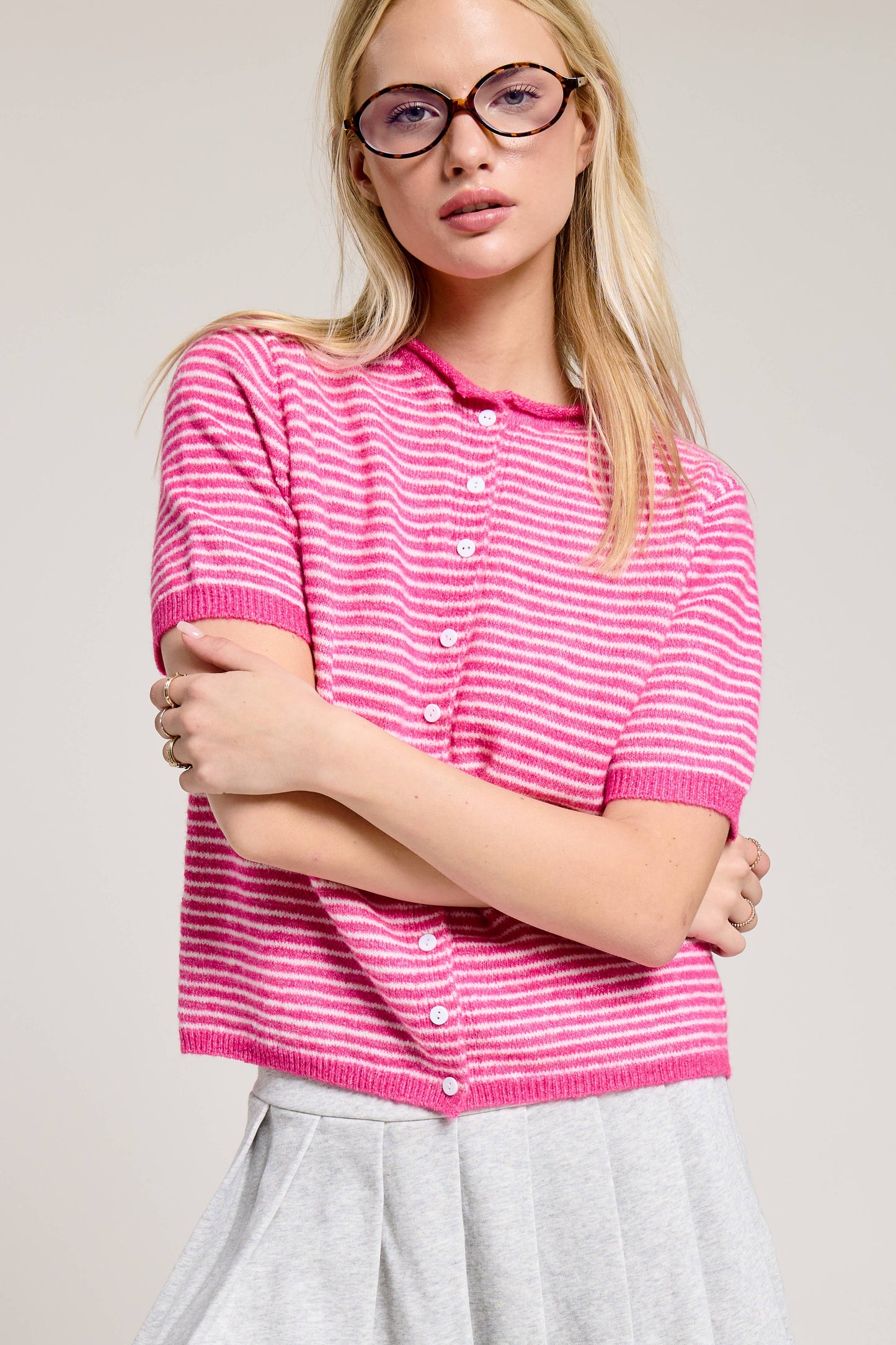 Mimosa - Striped Short Sleeve Button Cardigan