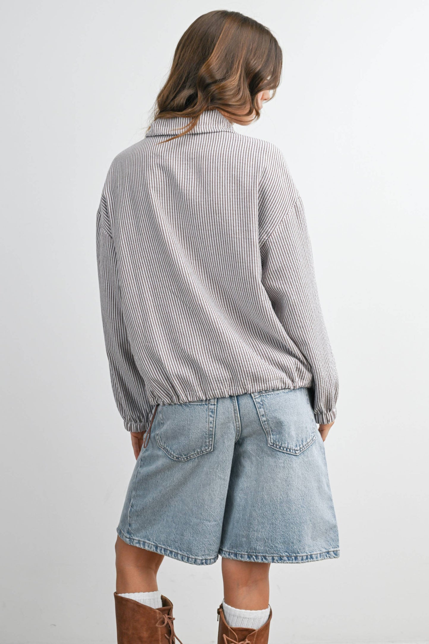 BUTTERMELON - Striped Collared Zip-Front Drawstring Jacket - BMJ7991: BROWN MULTI / M
