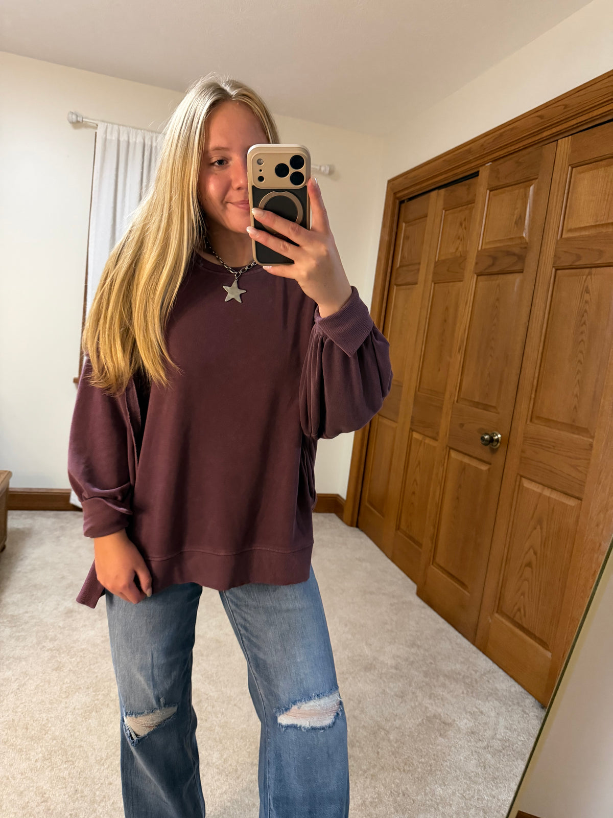 Oversized Raw Edge Sweatshirt Cherry & Brown
